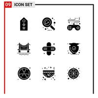 Modern Set of 9 Solid Glyphs Pictograph of cityscape building banking bridge controller Editable Vector Design Elements