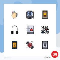 Modern Set of 9 Filledline Flat Colors Pictograph of book support data headset house Editable Vector Design Elements