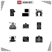 Mobile Interface Solid Glyph Set of 9 Pictograms of story idea city book business Editable Vector Design Elements