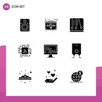 Group of 9 Modern Solid Glyphs Set for fintech computer portfolio bitcoin video game Editable Vector Design Elements