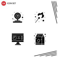 Set of 4 Modern UI Icons Symbols Signs for camera blueprint video camera lighter design Editable Vector Design Elements