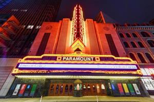 Boston, Massachusetts - Nov 27, 2020 -  The Paramount Theater, along Washington Street in Boston, Massachusetts at night. The Paramount is a performing arts facility in Boston. photo