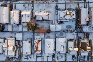 Aerial view of a snow covered Coney Island Beach during the winter at sunrise in Brooklyn, New York photo