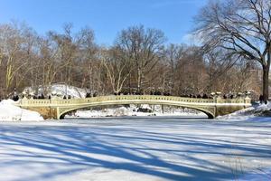 New York - January 24, 2016 -  The Bow Bridge is a cast iron bridge located in Central Park, New York City, crossing over The Lake and used as a pedestrian walkway in winter. photo