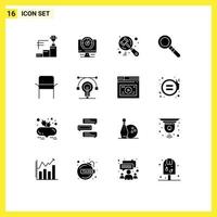 Pack of 16 Modern Solid Glyphs Signs and Symbols for Web Print Media such as home chair search search find Editable Vector Design Elements