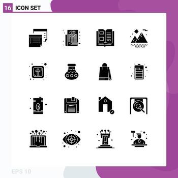 Set of 16 Vector Solid Glyphs on Grid for cross sun select job summer reading Editable Vector Design Elements