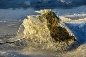 Rock cracking through the ice in Vagspollen in the Lofoten Islands, Norway in the winter. photo