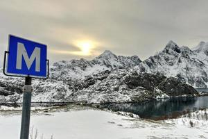 Mountains and coast of Maervoll, Lofoten Islands, Norway photo