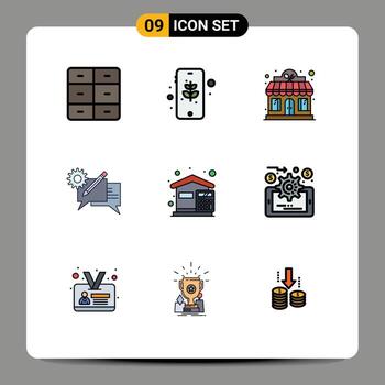 9 paquete de color plano de línea de relleno de interfaz de usuario de signos y símbolos modernos de configuración de facturas elementos de diseño de vector editables de chat de discusión de hotel
