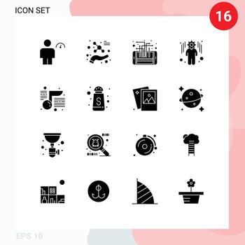 Modern Set of 16 Solid Glyphs Pictograph of music management science business processor Editable Vector Design Elements