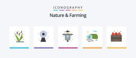 paquete de iconos de 5 planos de naturaleza y agricultura que incluye manzanas. invernadero. tecnología. jardinería. espantapájaros. diseño de iconos creativos vector