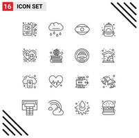 User Interface Pack of 16 Basic Outlines of love headphone face school bag Editable Vector Design Elements