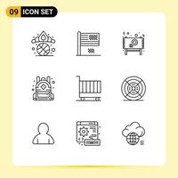 Pack of 9 Modern Outlines Signs and Symbols for Web Print Media such as business education flag bag message Editable Vector Design Elements