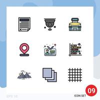 Pack of 9 Modern Filledline Flat Colors Signs and Symbols for Web Print Media such as marker location iot stadium game Editable Vector Design Elements