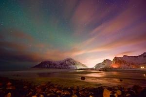 Skagsanden Beach in the Lofoten Islands, Norway at night in the winter. photo