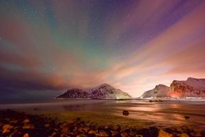 Skagsanden Beach in the Lofoten Islands, Norway at night in the winter. photo