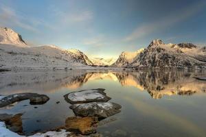 Mountains reflected in a lake in Flakstadoya in the Lofoten Islands, Norway photo