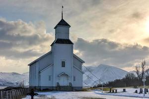 Gimsoy Church in the Lofoten Islands in the winter. It is a parish church in the municipality of Vagan in Nordland county, Norway. photo