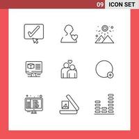 Pack of 9 Modern Outlines Signs and Symbols for Web Print Media such as marriage couple sunset monitore box Editable Vector Design Elements