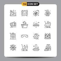 símbolos de iconos universales grupo de 16 contornos modernos de etiquetas de tarjetas de corazón bolsas turísticas elementos de diseño de vectores editables