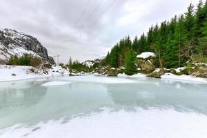 Storvatnet Lake in front of the landscape of the Lofoten mountains on the island Flakstadoy in the winter. photo