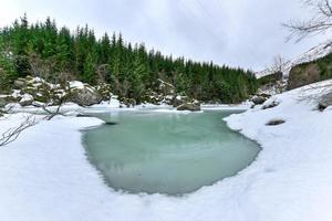 Storvatnet Lake in front of the landscape of the Lofoten mountains on the island Flakstadoy in the winter. photo