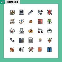 paquete de 25 modernos signos y símbolos de colores planos de línea rellena para medios de impresión web, como canoa, llamada de retiro de emergencia, elementos de diseño de vectores editables para acampar