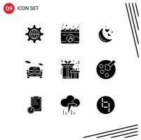 Universal Icon Symbols Group of 9 Modern Solid Glyphs of present vehicle moon transport auto Editable Vector Design Elements