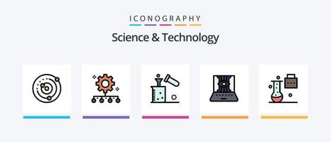 La línea de ciencia y tecnología llenó un paquete de 5 íconos que incluye un matraz de laboratorio. matraz químico. ciencia de la materia. científico. información científica. diseño de iconos creativos vector