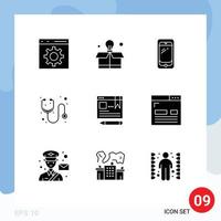 Modern Set of 9 Solid Glyphs Pictograph of text stethoscope smart phone medicine doctor Editable Vector Design Elements