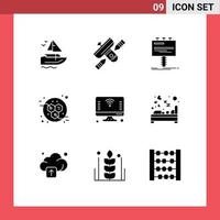 Pack of 9 Modern Solid Glyphs Signs and Symbols for Web Print Media such as computer molecules transmitter energy billboard Editable Vector Design Elements