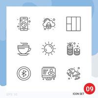 Group of 9 Modern Outlines Set for sunset sun secure cleaning coffee Editable Vector Design Elements