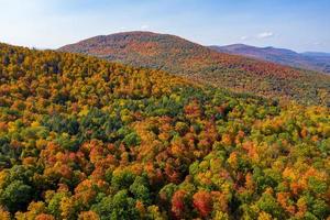 Aerial view of fall foliage along the Catskill Mountains in upstate New York along Five State Lookout.