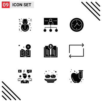 9 Solid Glyph concept for Websites Mobile and Apps course learning management dvd clock Editable Vector Design Elements