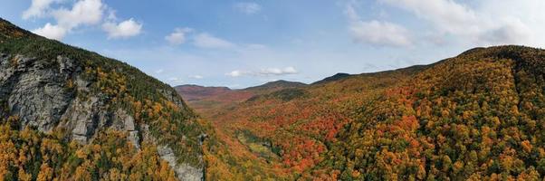 Panoramic view of peak fall foliage in Smugglers Notch, Vermont. photo