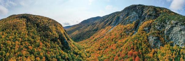 Panoramic view of peak fall foliage in Smugglers Notch, Vermont. photo