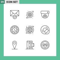 Editable Vector Line Pack of 9 Simple Outlines of computers globe cctv web time Editable Vector Design Elements