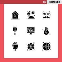 Pictogram Set of 9 Simple Solid Glyphs of computer food sun fast food moustache Editable Vector Design Elements