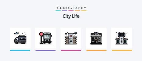 la línea de vida de la ciudad llenó el paquete de 5 íconos que incluye. edificio. vida. vida. tienda. diseño de iconos creativos vector