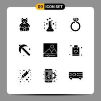 Modern Set of 9 Solid Glyphs Pictograph of media tool medical spade farming Editable Vector Design Elements