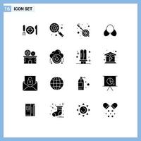16 signos de glifos sólidos universales símbolos de entretenimiento ropa música ropa playa elementos de diseño vectorial editables vector