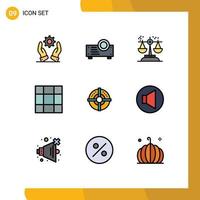 Pack of 9 Modern Filledline Flat Colors Signs and Symbols for Web Print Media such as point arrow conclusion target grid Editable Vector Design Elements