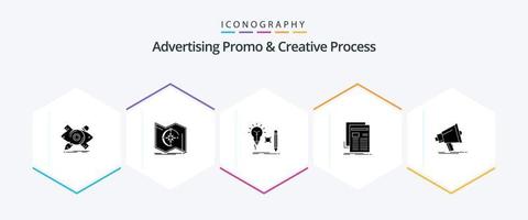 Advertising Promo And Creative Process 25 Glyph icon pack including media. navigate. lightbulb. key vector