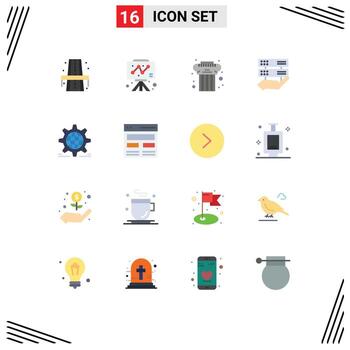 Paquete de 16 colores planos de interfaz de usuario de signos y símbolos modernos de la arquitectura de control de engranajes compartir datos paquete editable de elementos de diseño de vectores creativos
