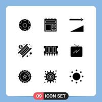 Pack of 9 Modern Solid Glyphs Signs and Symbols for Web Print Media such as ram hardware ascending stair economy Editable Vector Design Elements