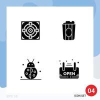 Pack of 4 Modern Solid Glyphs Signs and Symbols for Web Print Media such as target beetle bug goal movie thanksgiving Editable Vector Design Elements
