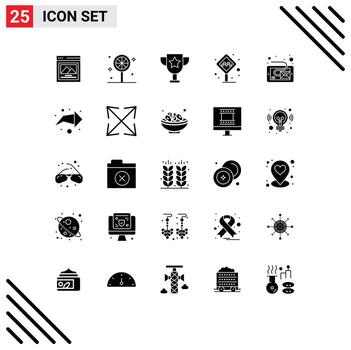 paquete de 25 signos y símbolos de glifos sólidos modernos para medios de impresión web, como elementos de diseño de vectores editables de taxi de correo electrónico de trofeo de bandeja de entrada de tableta