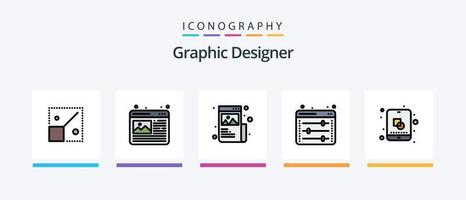 La línea de diseñador gráfico llenó el paquete de 5 iconos, incluido el diseño. creativo. herramientas de dibujo. bosquejo. tablero. diseño de iconos creativos vector