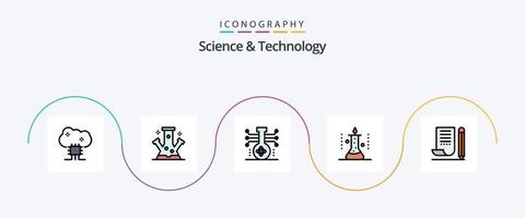 la línea de ciencia y tecnología llenó el paquete de iconos planos 5 que incluye el cuaderno. bloc. Ciencias. laboratorio de ciencia. Ciencias vector