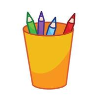Yellow or orange glass of colored pencils vector illustration isolated on white background. Cartoon styled office or school writing supplies with clean simple flat art style and outline.